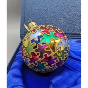 Crate & Barrel Multicolor Glass Puzzle Piece Christmas Ornament Autism Awareness